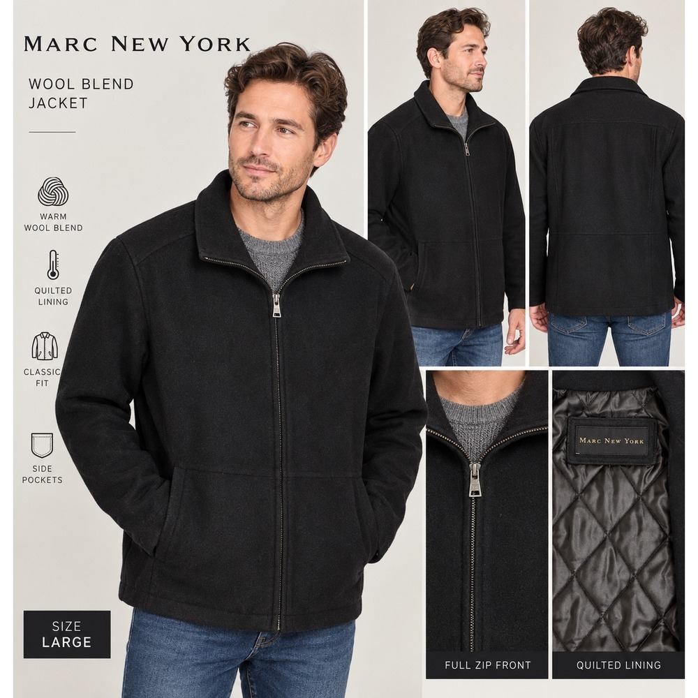 Marc New York Mens Wool Blend Quilted Lined Full Zip Jacket Black Large